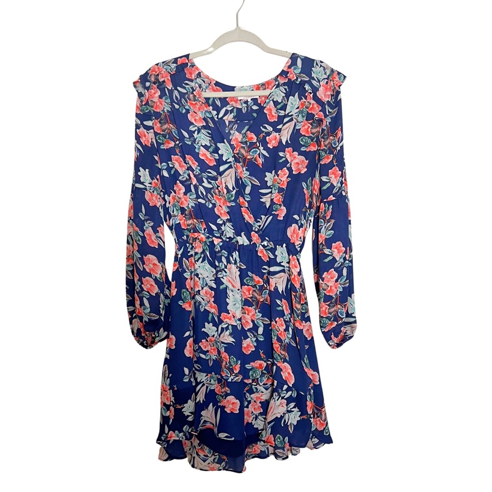 Parker Blue Floral Long Sleeve Mini Dress Size Large Brunch Coquette Feminine